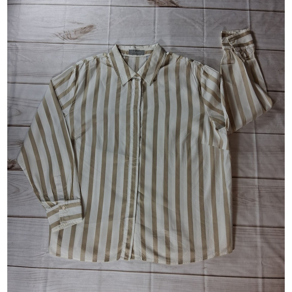 Liz Claiborne Women's Striped Button Down Shirt Plus Size 24W Tan White Cotton